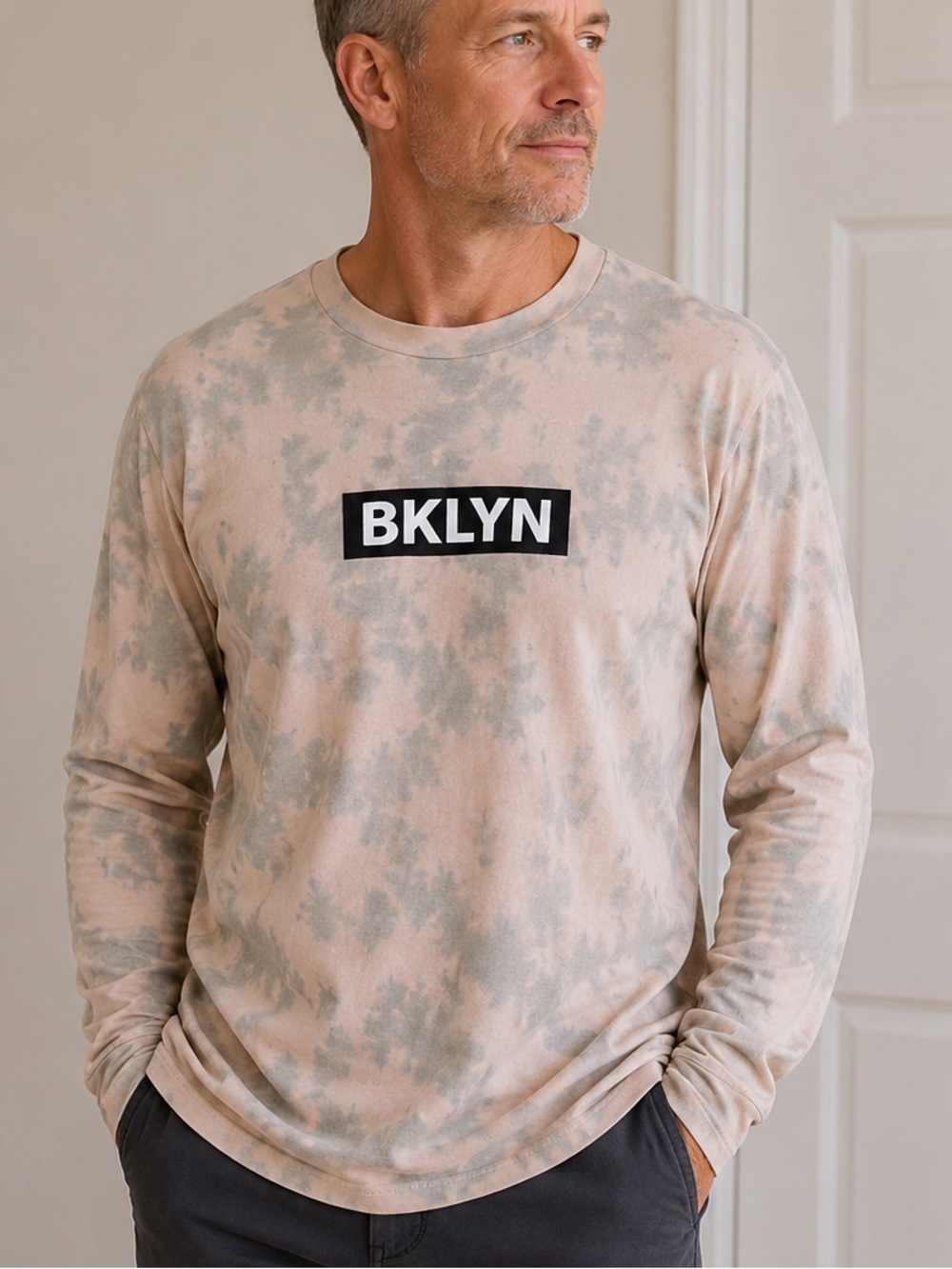 BKLYN Graphic Long Sleeve Tee in Beige Tie-Dye